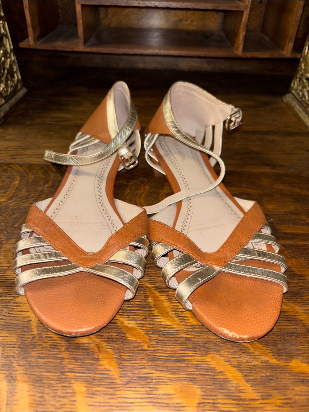 Pour La Victoire Tan and Gold Strappy Ankle-Wrap Sandals